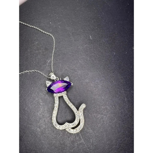 Amethyst white topaz Rhodium Over Silver Cat Pendant Chain 3.40ctw - Picture 8 of 11